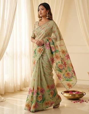 Grey linen silk blend sophisticated rich looks printed saree 4