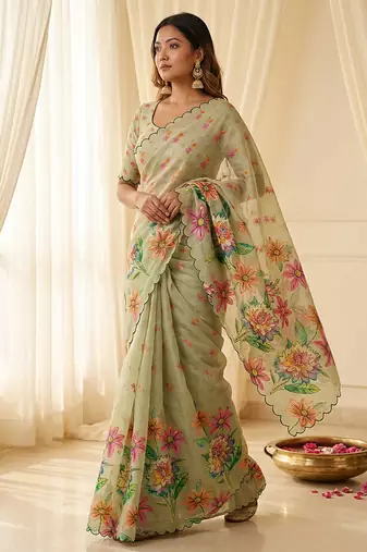 Grey linen silk blend sophisticated rich looks printed saree