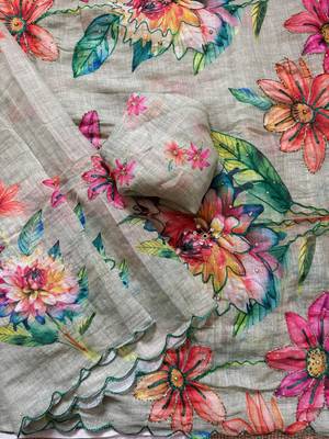 Grey linen silk blend sophisticated rich looks printed saree 5