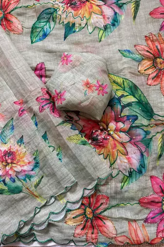 Grey linen silk blend sophisticated rich looks printed saree