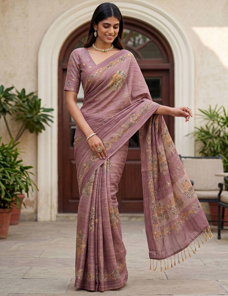 Pink virana silk blend smart rich looks printed saree