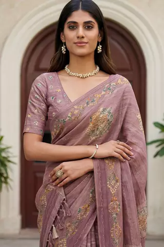Pink virana silk blend smart rich looks printed saree