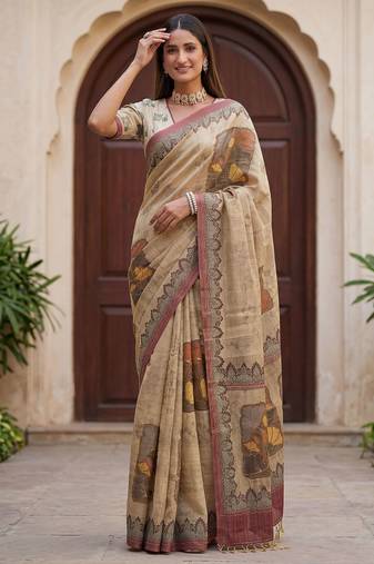 Beige virana silk blend smart rich looks printed saree