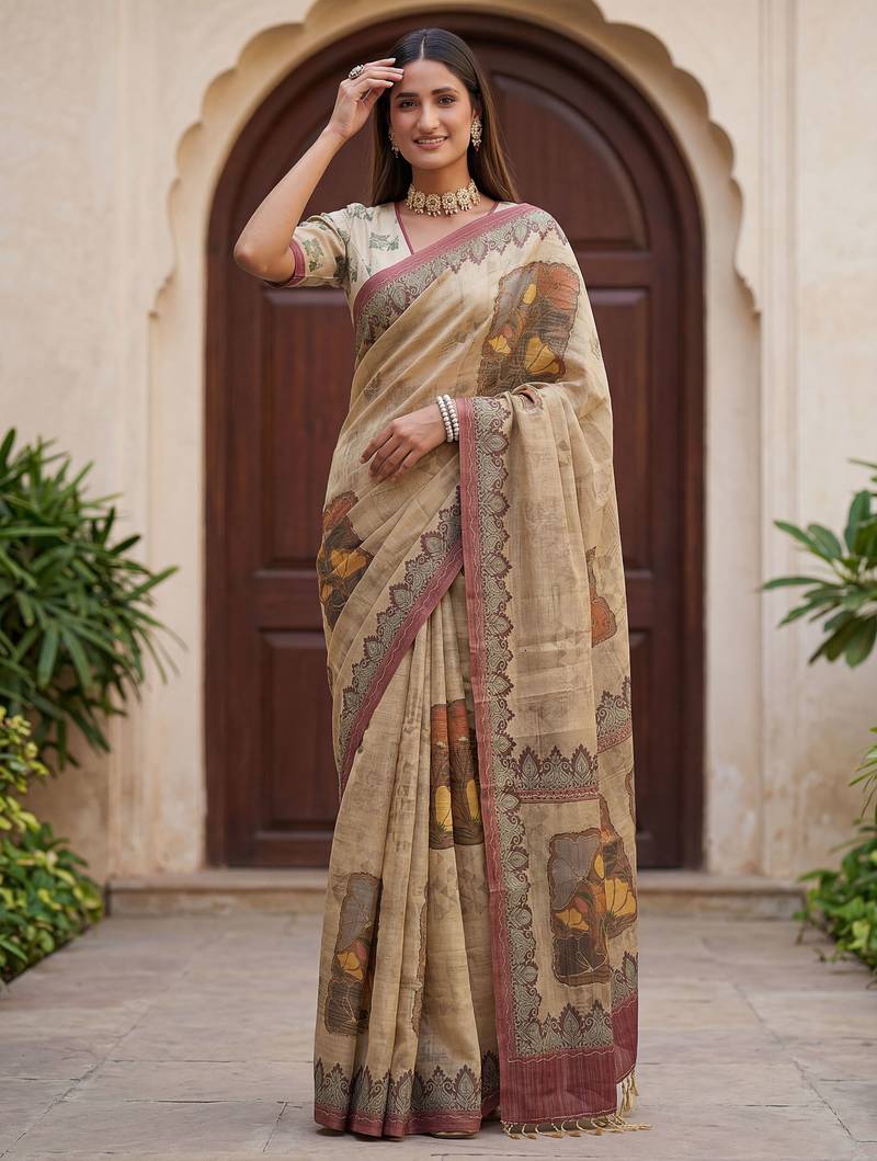 Beige virana silk blend smart rich looks printed saree
