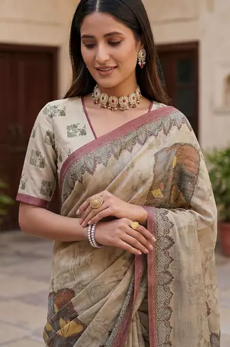 Beige virana silk blend smart rich looks printed saree