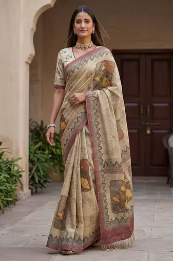 Beige virana silk blend smart rich looks printed saree