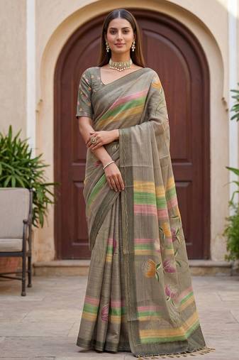 Grey virana silk blend smart rich looks printed saree