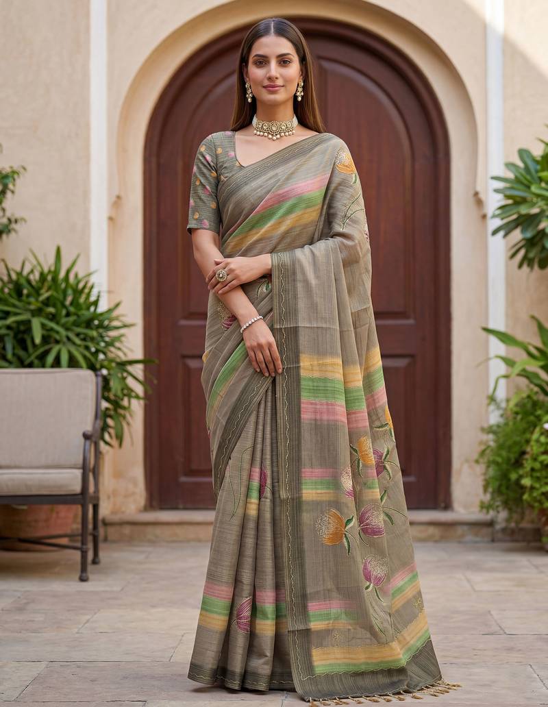Grey virana silk blend smart rich looks printed saree