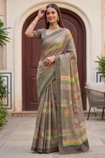 Grey virana silk blend smart rich looks printed saree