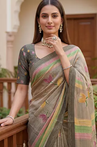 Grey virana silk blend smart rich looks printed saree