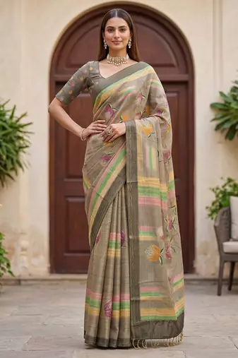 Grey virana silk blend smart rich looks printed saree