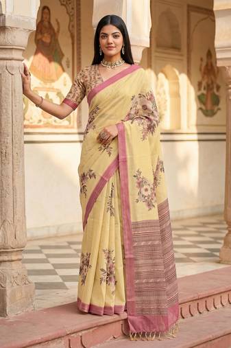 Yellow virana silk blend smart rich looks printed saree