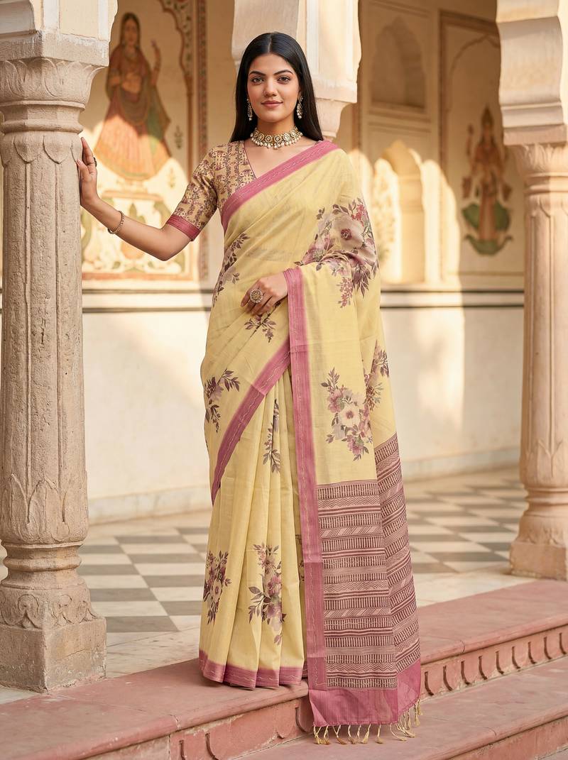 Yellow virana silk blend smart rich looks printed saree