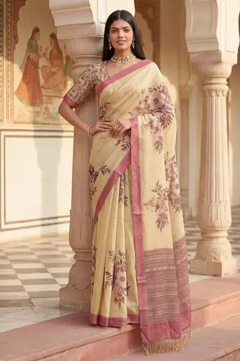Yellow virana silk blend smart rich looks printed saree