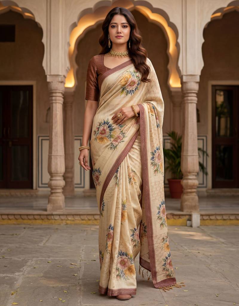 Chiku virana silk blend smart rich looks printed saree