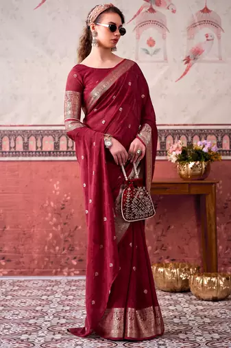 Maroon ethnic chinon woven partywear saree