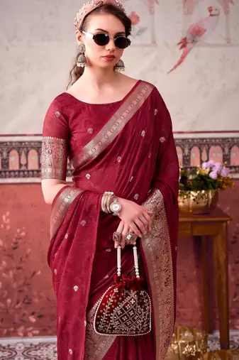 Maroon ethnic chinon woven partywear saree