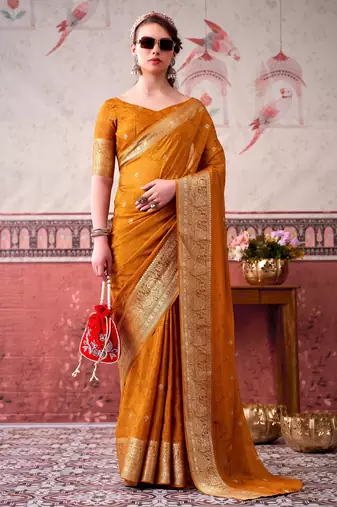 Mustard ethnic chinon woven partywear saree