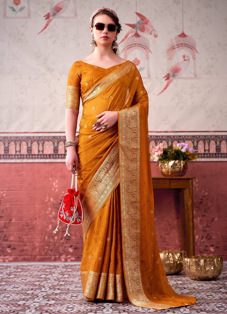 Mustard ethnic chinon woven partywear saree