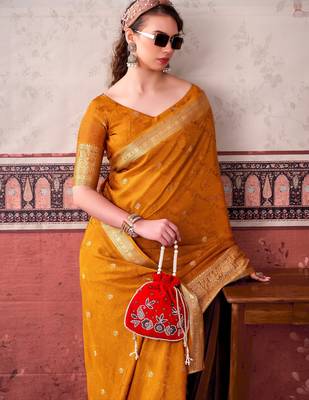 Mustard ethnic chinon woven partywear saree 3