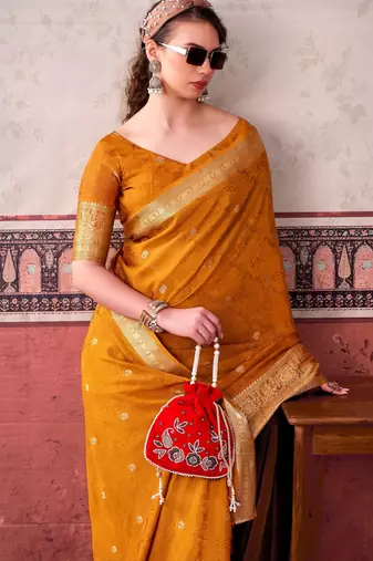 Mustard ethnic chinon woven partywear saree
