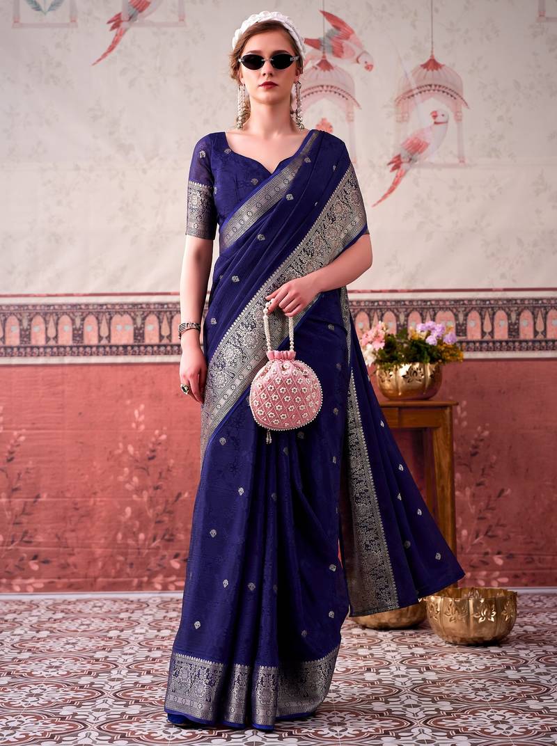 Blue ethnic chinon woven partywear saree