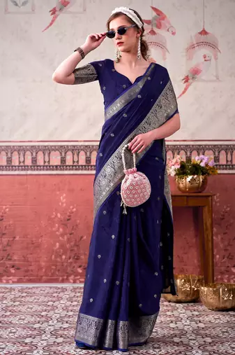 Blue ethnic chinon woven partywear saree