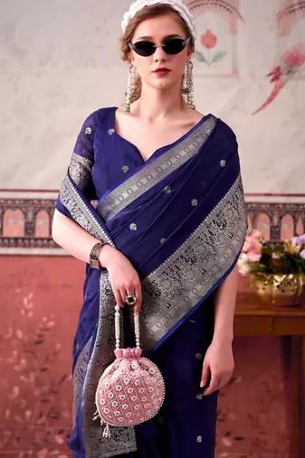 Blue ethnic chinon woven partywear saree