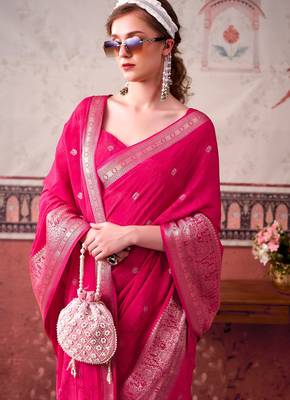 Pink ethnic chinon woven partywear saree 3
