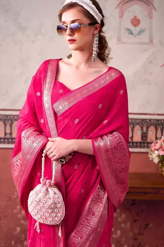 Pink ethnic chinon woven partywear saree