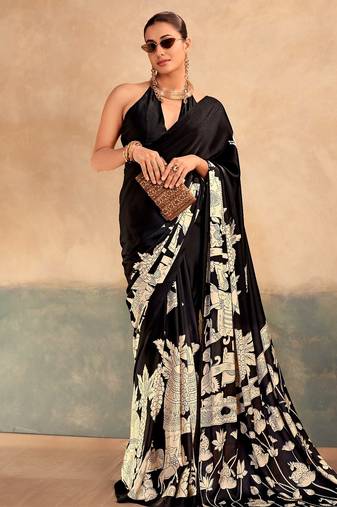 Black satin silk blend kalamkari printed rich sophisticated saree