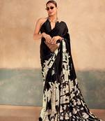 Black satin silk blend kalamkari printed rich sophisticated saree