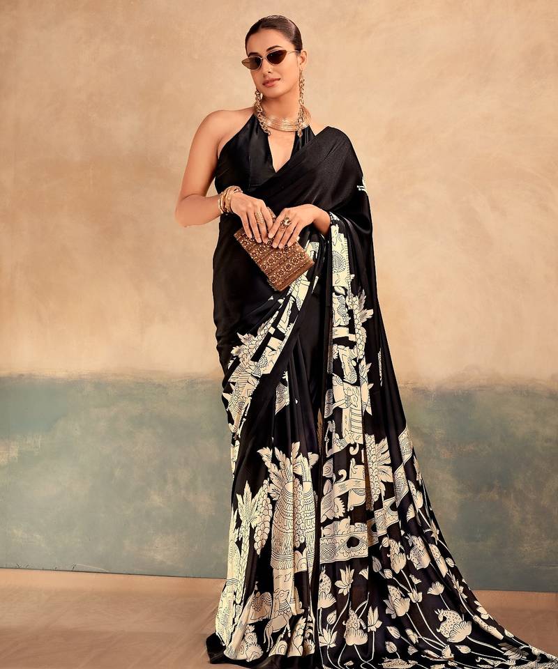 Black satin silk blend kalamkari printed rich sophisticated saree