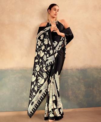 Black satin silk blend kalamkari printed rich sophisticated saree 2