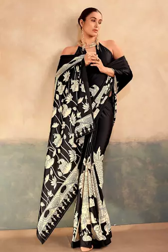 Black satin silk blend kalamkari printed rich sophisticated saree