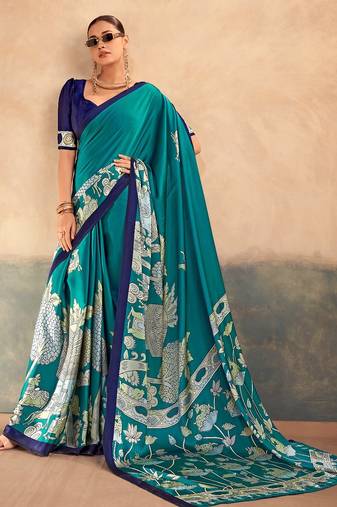 Firozi satin silk blend kalamkari printed rich sophisticated saree