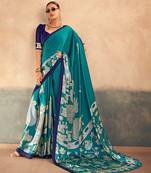 Firozi satin silk blend kalamkari printed rich sophisticated saree
