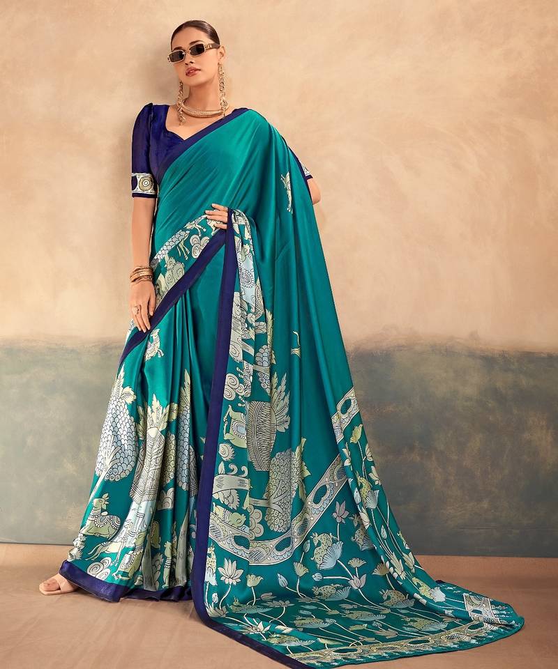 Firozi satin silk blend kalamkari printed rich sophisticated saree