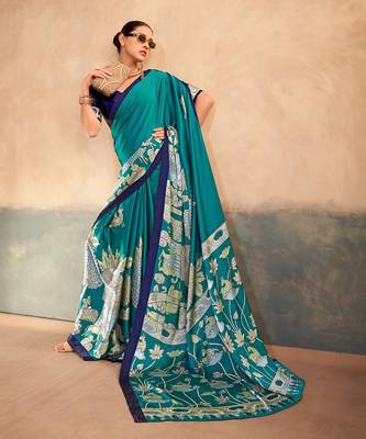 Firozi satin silk blend kalamkari printed rich sophisticated saree 2