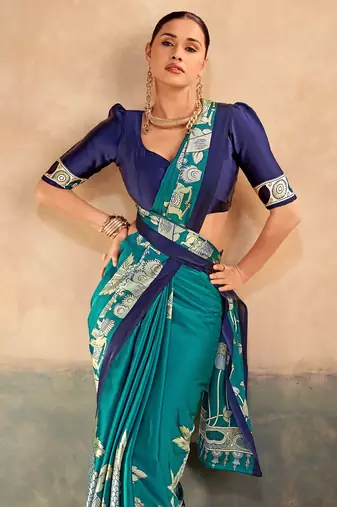 Firozi satin silk blend kalamkari printed rich sophisticated saree