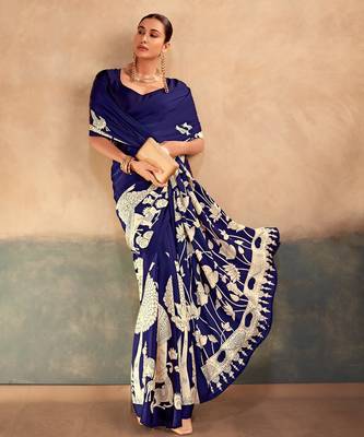 Blue satin silk blend kalamkari printed rich sophisticated saree 1