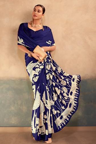 Blue satin silk blend kalamkari printed rich sophisticated saree