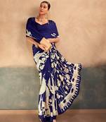 Blue satin silk blend kalamkari printed rich sophisticated saree
