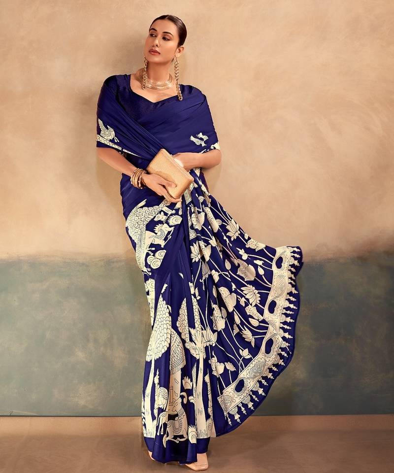 Blue satin silk blend kalamkari printed rich sophisticated saree