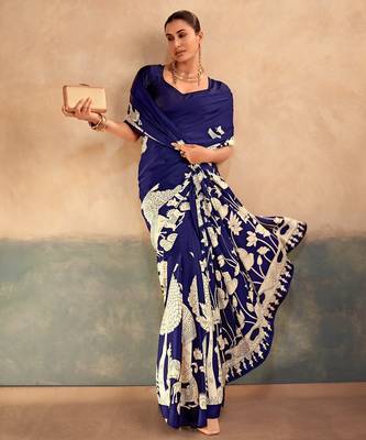 Blue satin silk blend kalamkari printed rich sophisticated saree 2