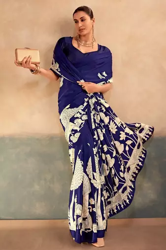 Blue satin silk blend kalamkari printed rich sophisticated saree