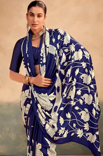 Blue satin silk blend kalamkari printed rich sophisticated saree