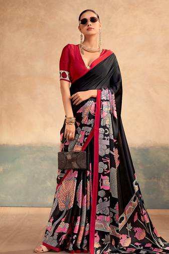 Black satin silk blend kalamkari printed rich sophisticated saree