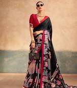 Black satin silk blend kalamkari printed rich sophisticated saree