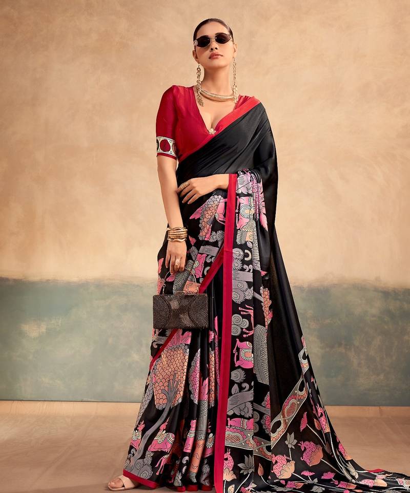 Black satin silk blend kalamkari printed rich sophisticated saree
